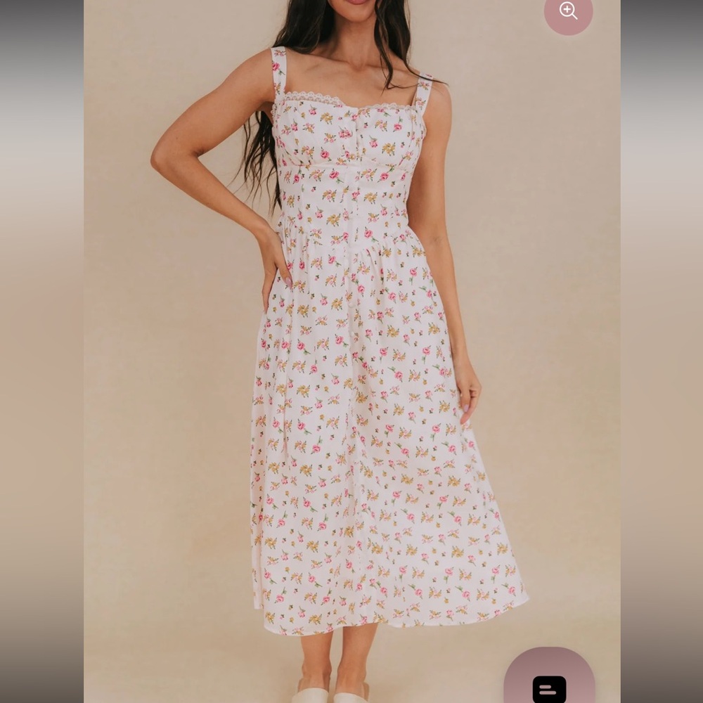 White Floral Lace-Trim Sundress with Pink & Green Accents